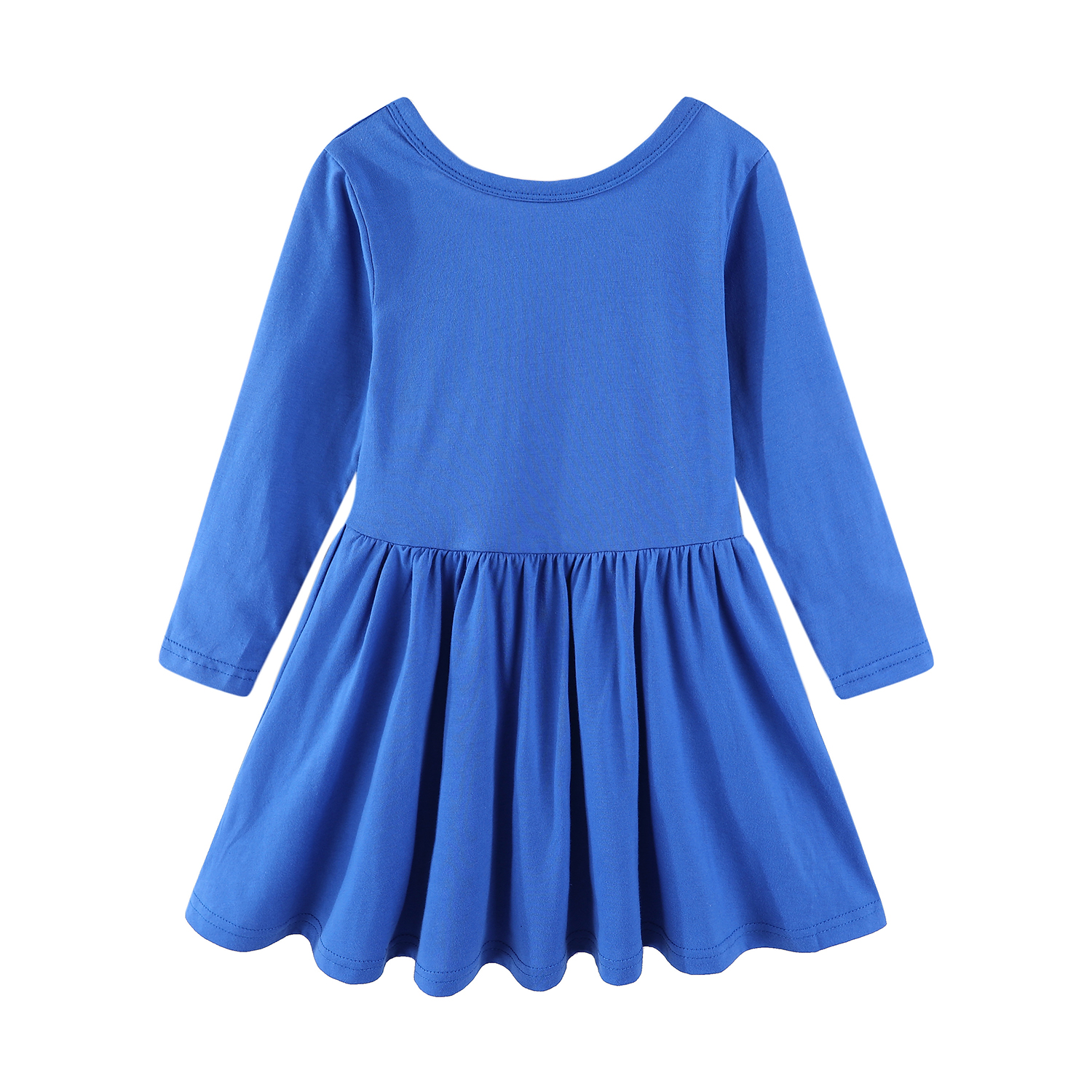 LittleSpring Long Sleeve Girl Dress with Backless Cotton Dress for Girls Plain Swing Blue 4T